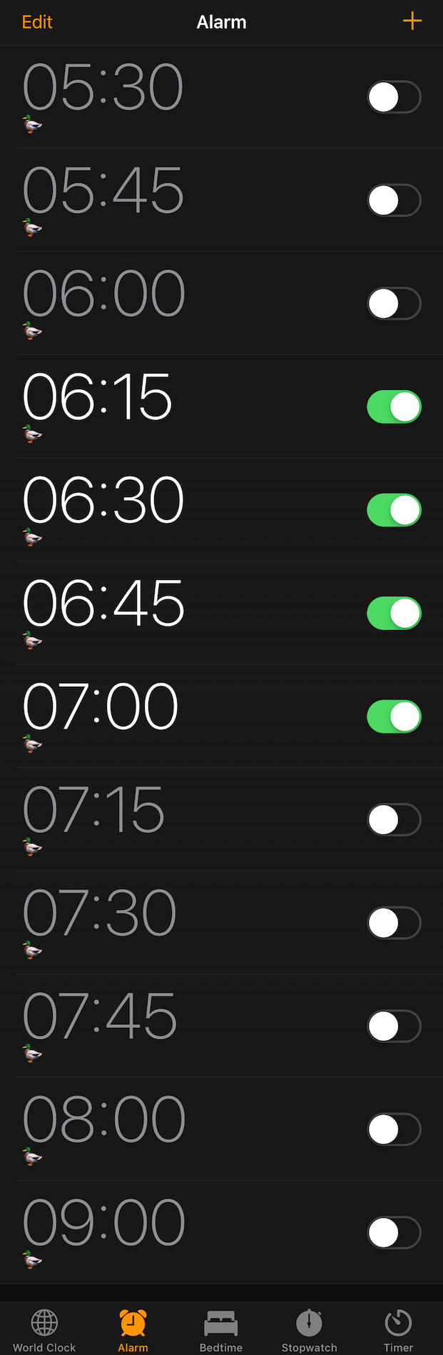 This is my long list of possible alarm clocks. Currently set for the very early mode. I named them all 🦆 - maybe I should have been more creative than that…