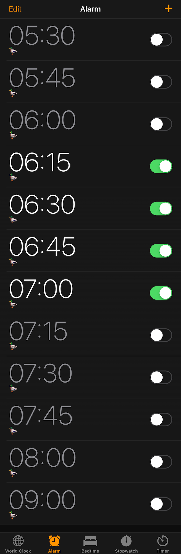 This is my long list of possible alarm clocks. Currently set for the very early mode. I named them all 🦆 - maybe I should have been more creative than that&hellip;