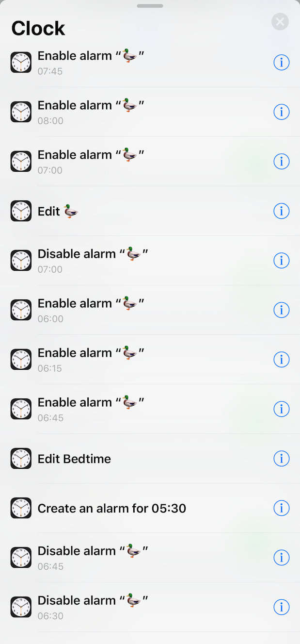 And this is what I get, when directly navigating to the Clock section inside Shortcuts. You may have noticed: Many alarm clocks are missing